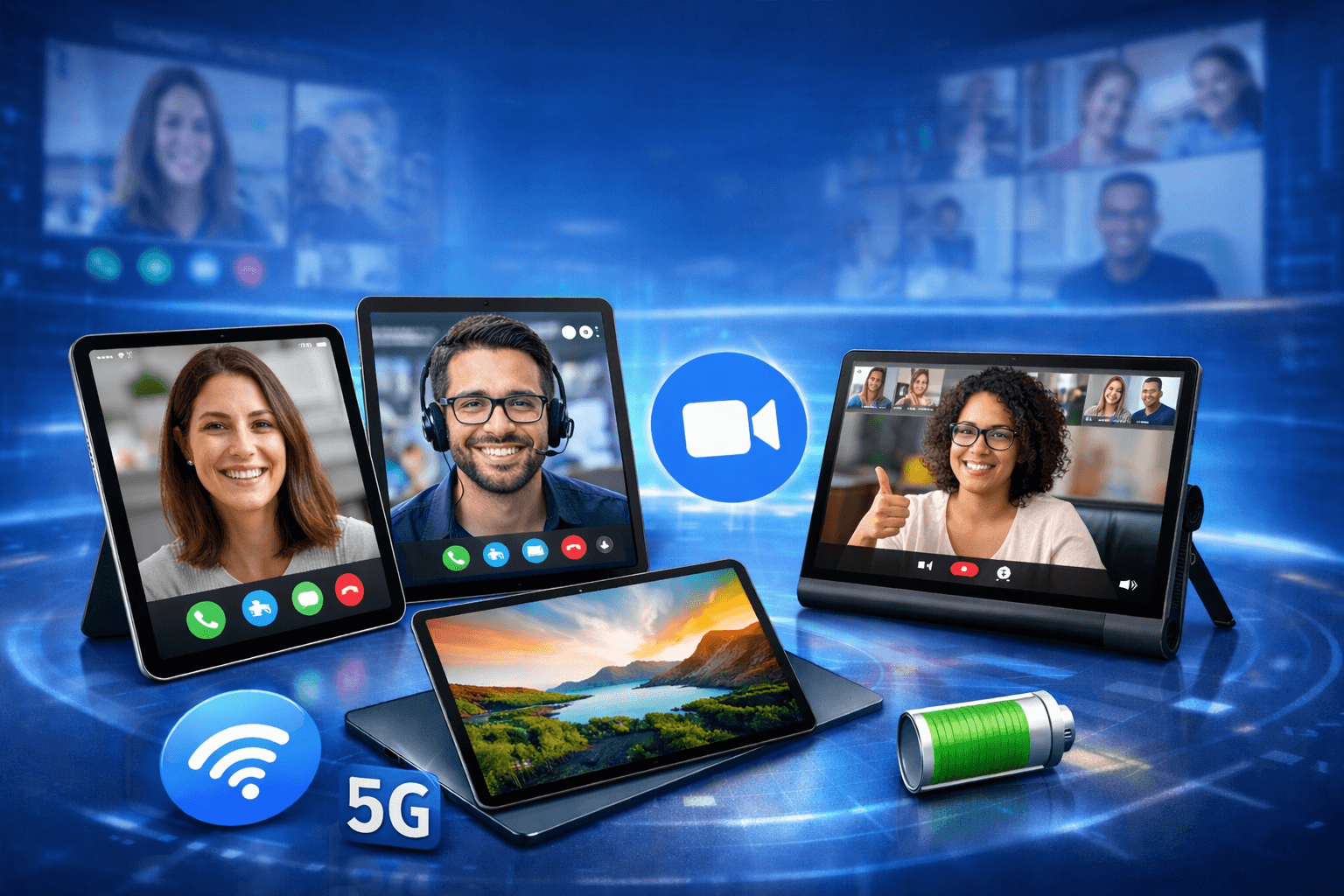 Best tablets for Zoom and Google Meet video calls in 2026 featuring iPad Air, Samsung Galaxy Tab, and Lenovo tablets