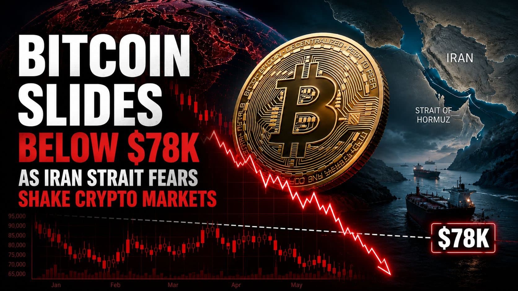 A digital display showing Bitcoin's price falling against a red market chart backdrop, representing geopolitical pressure on crypto assets.