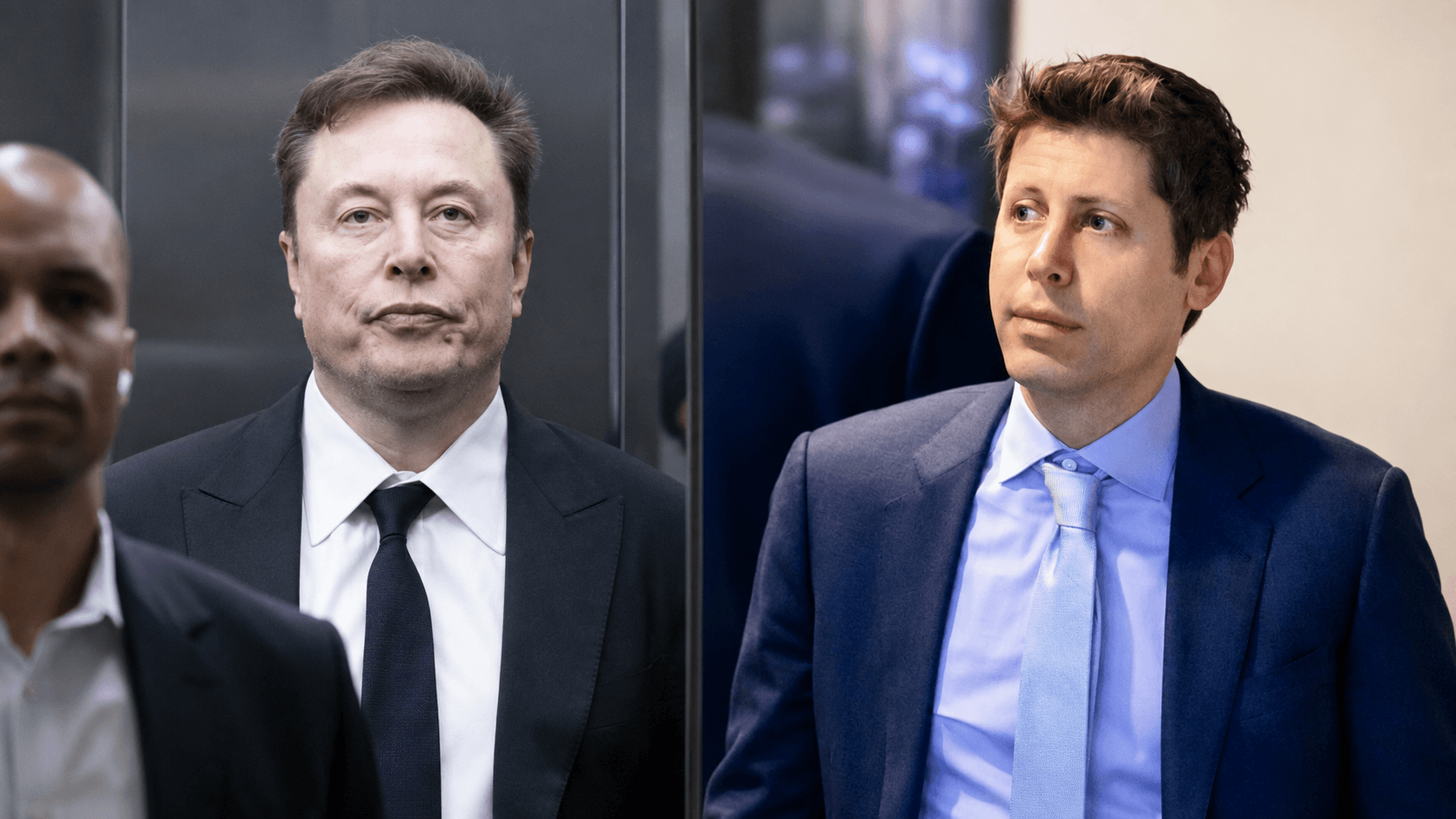 Elon Musk and Sam Altman facing each other symbolically in a courtroom setting, representing the high-profile legal battle between Musk and OpenAI.
